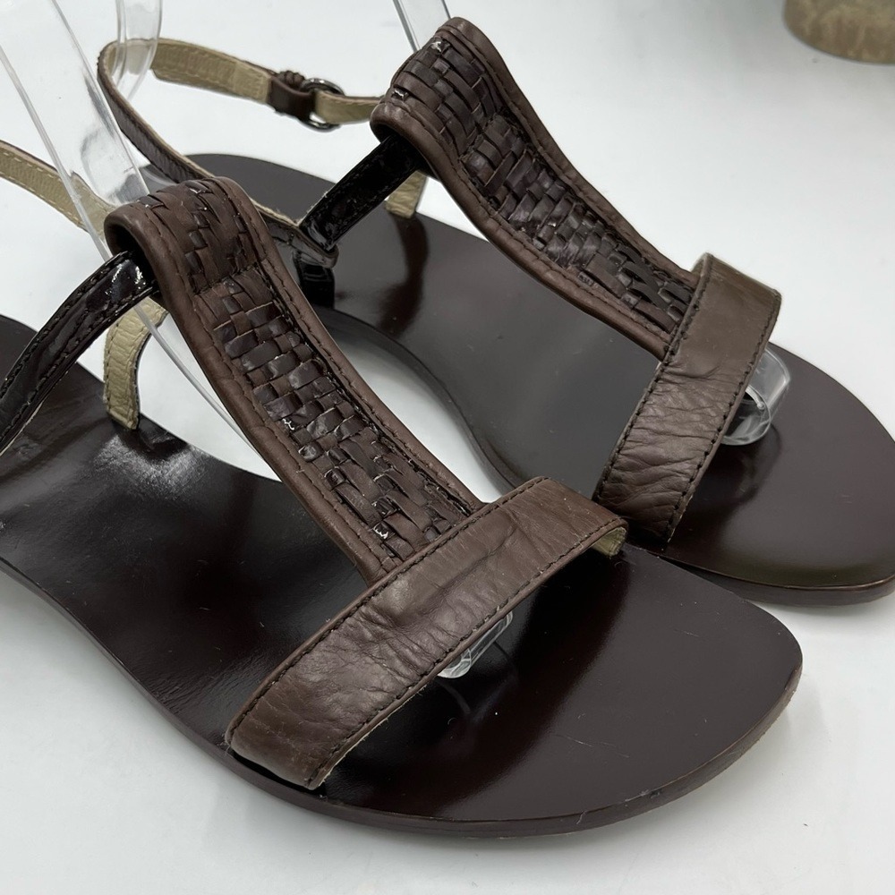 MaxMara‎ Italy Women Sandal Sz 38/7.5 US Brown Leather Flat TStrap Ankle Strap